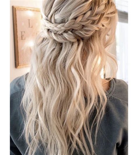 Curly and wavy hair is a real treasure. Blonde, wavy, plait, half up half down prom hair ...
