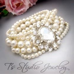 Multi Strand Pearl And Crystal Bridal Bracelet Ivory Wedding Jewelry