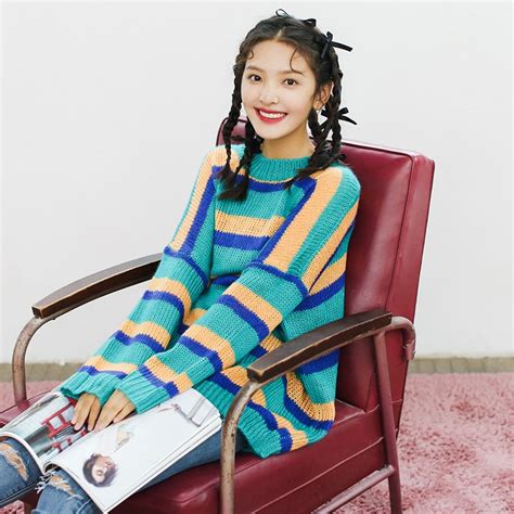 Womens Casual Sweaters Japanese Kawaii Ulzzang Loose Chic Lazy Wind Striped Sweater Female