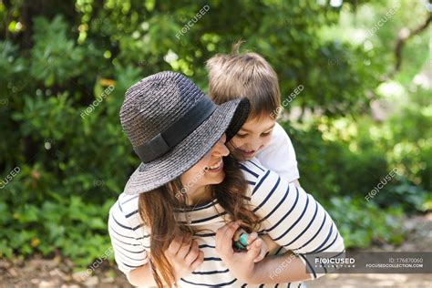 Playful Mother And Son Outdoors — Daytime 2 3 Years Stock Photo
