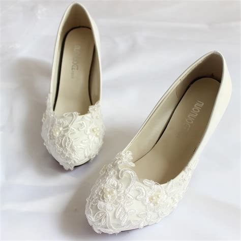 Low Heel White Lace Wedding Shoes Bridal Handmade White Bridal Footwear Women Flats Shoes