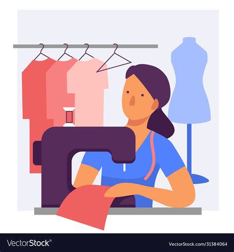 A Woman Dressmaker At Sewing Machine Flat Vector Image