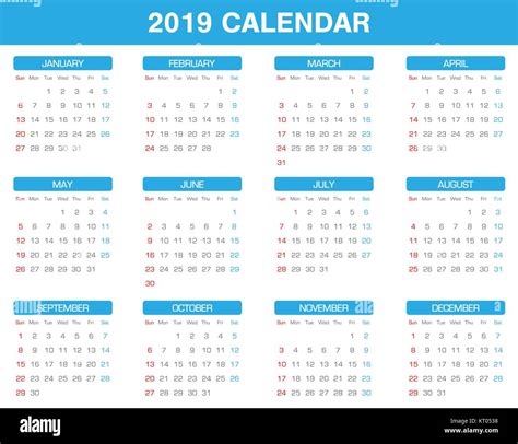 Simple 2019 Year Calendar Set Of All Month Stock Vector Image And Art Alamy