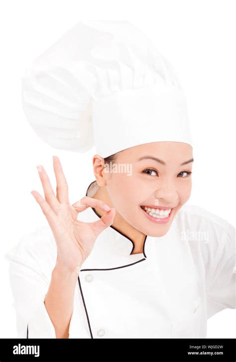 Happy Woman Chef Showing Ok Hand Sign Stock Photo Alamy