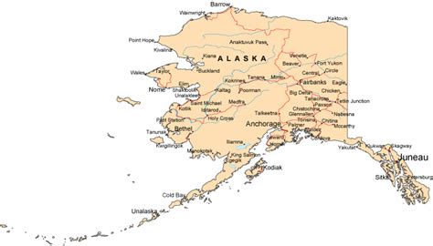 The map is furnished with three city insets of anchorage, fairbanks, and juneau. Map of Alaska