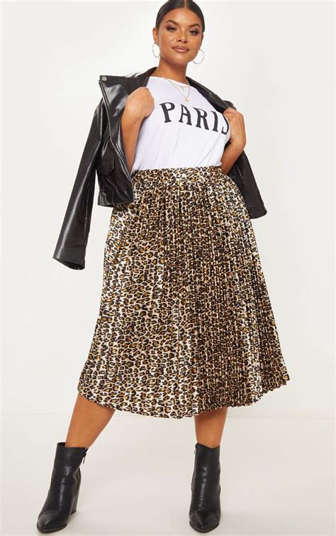 Plus Tan Leopard Pleated Midi Skirt Prettylittlething Ksa
