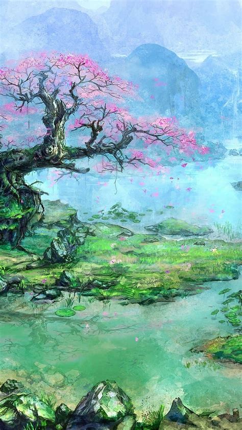 Fantasy Landscape Cherry Blossom Scenic Cherry Blossom Painting Hd