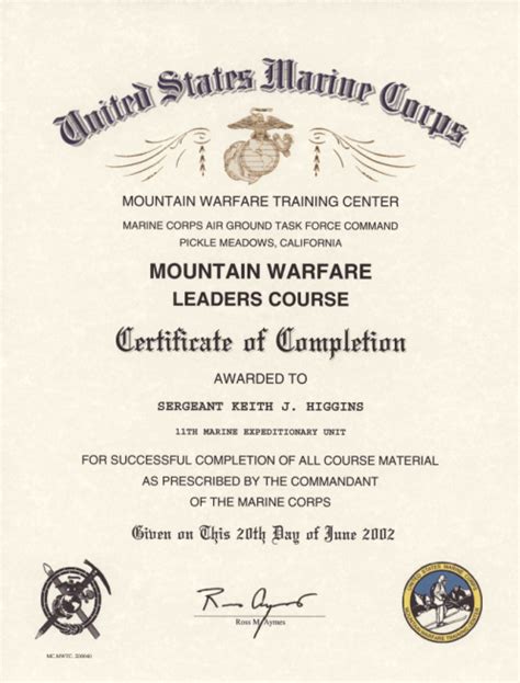 Mountain Warfare Training Certificates