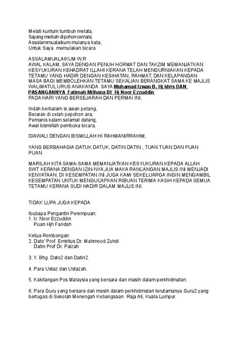 Contoh perkara di dalam surat: Majlis Teks Ucapan Wakil Keluarga Pengantin