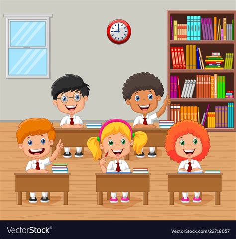 Cartoon School Kids Raising Hand In Classroom Vector Image