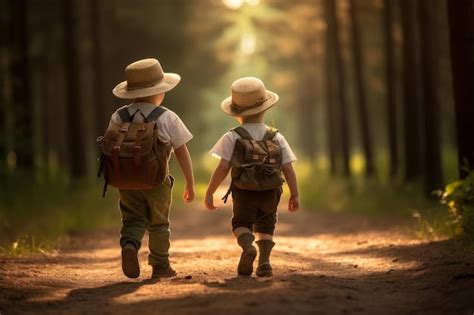 Premium Ai Image Two Little Boys With Backpacks Walking In Autumn