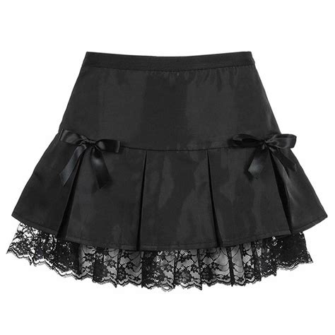 Tttrv Womens Gothic Skirts Sexy Lace Ruffles Splice Pleated Bow Knot