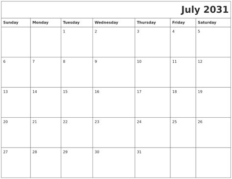 July 2031 Download Calendar