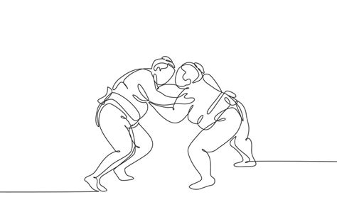 One Single Line Drawing Of Two Young Overweight Japanese Sumo Man