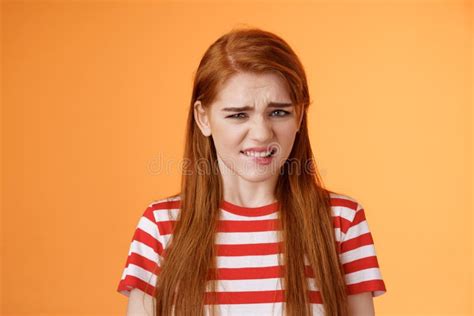 Cute Disgusted Redhead Girl Cringe From Aversion Bad Awful Smell