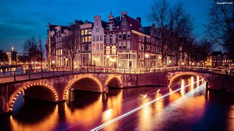 Amsterdam Rzeka Amstel Światła Holandia Domy