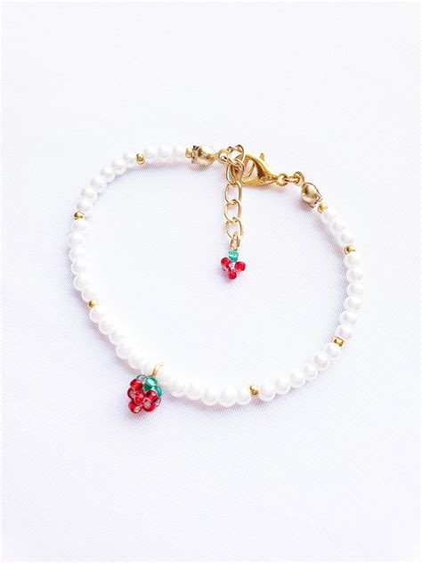 Strawberry Charm Bracelet Strawberry Beaded Bracelet Fruit Etsy