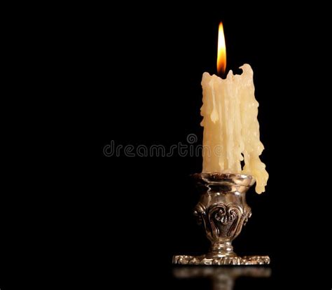 Burning Old Candle Vintage Silver Bronze Candlestick Isolated Black