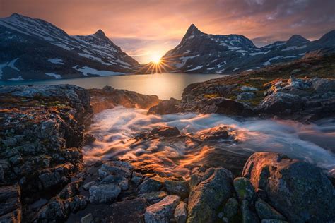 Download Norway Stream Lake Mountain Sunset Nature Sunbeam Hd Wallpaper