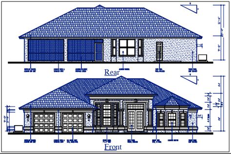 Bungalow Plan Front Elevation And Rear Elevation View Of Dwg File