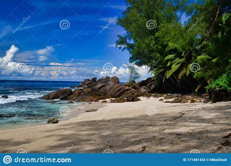 Ocean Waves And Granite Rocks Takamaka Beach Mahe Island Seychelles