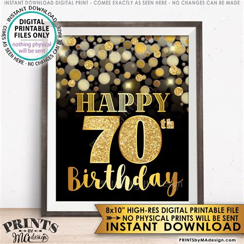 70th Birthday Sign Happy Birthday 70 Golden Birthday Card 70 Years Black And Gold Glitter 8x10
