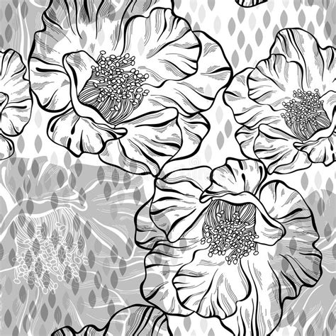 Monochrome Seamless Pattern With Flowers Hand Drawn Floral Back Stock