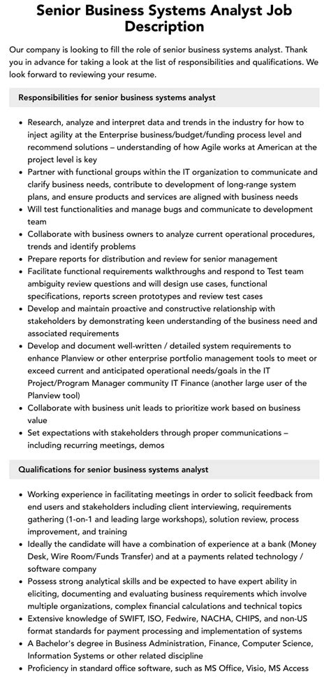 Senior Business Systems Analyst Job Description Velvet Jobs