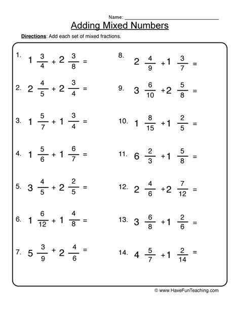 Worksheet Add Mixed Numbers
