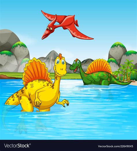 Prehistoric Dinosaurs In A Water Scene Royalty Free Vector