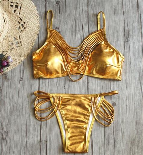 Gold Bikini Bronzing Bikinis Set Shiny Swimsuit Push Up Biquini Women