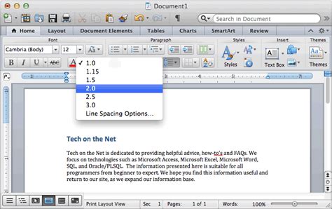 Double spaced means between lines on the page. MS Word 2011 for Mac: Double space text