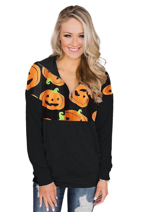 14 Zip Halloween Pumpkin Pullover Long Sleeve Sweatshirt Long Sleeve