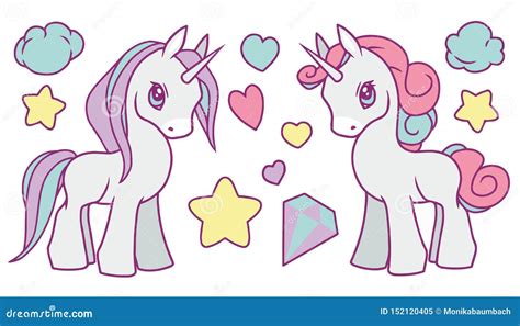 Cute Vector Collection Set With Pastel Rainbow Colored Unicorns Stars