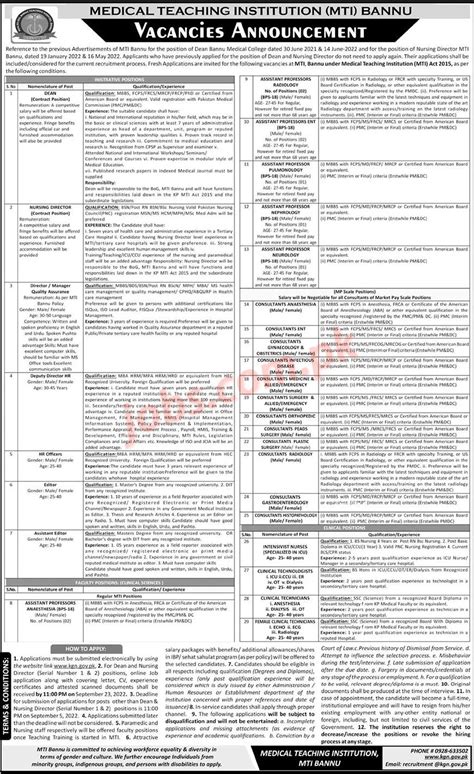 Medical Teaching Institution MTI Bannu Jobs 2022 For Teaching Faculty