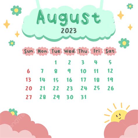 August 2023 Monthly Calendar Cute Design Aesthetic Transparent