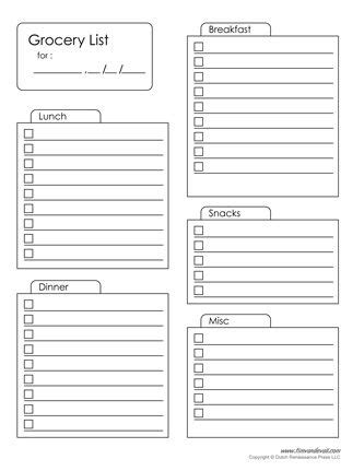 Grocery List Template For Meals And Snacks Grocery Checklist Weekly