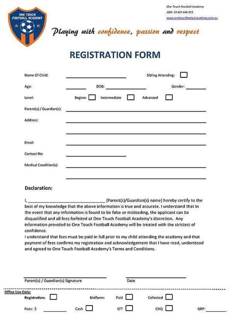 academy registration form template  word template