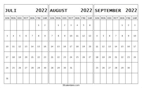 Kalender Juli August September 2022 Zum Ausdrucken Kalender Vorlage