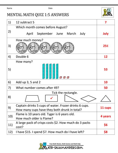 First Grade Mental Math Worksheets