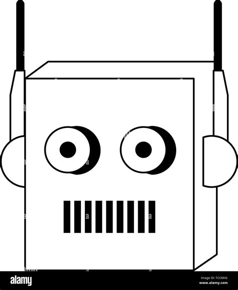 Robot Funny Character Cartoon Head Isolated In Black And White Stock