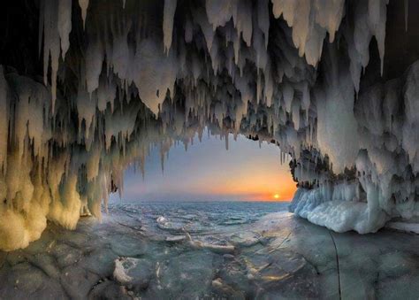 Nature Landscape Cave Ice Stalactites Lake Sunset