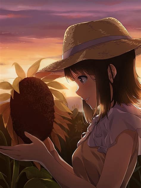 1536x2048 Sunflower Anime Girl Sunset Profile View Straw Hat For