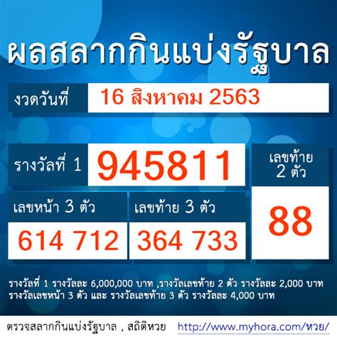 ผลสลากกินแบ่งรัฐบาล ตรวจหวย งวด 16 สิงหาคม 2563. ตรวจหวย ตรวจสลากฯ งวด 16 สิงหาคม 2563 - myhora.com