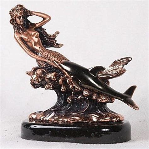 Inch Copper Mermaid Leaning On Coral And Touching Dolphin Statue