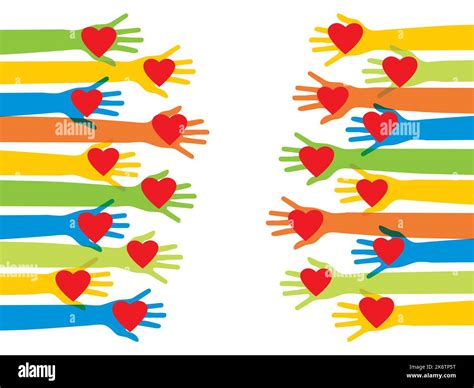 Hands Of Volunteers Hands With Heart In Vector Illustration Charity