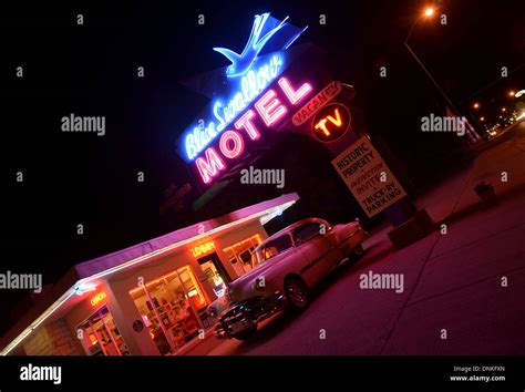 Route 66 Landmark The Blue Swallow Motel Tucumcari With Old Neon And A