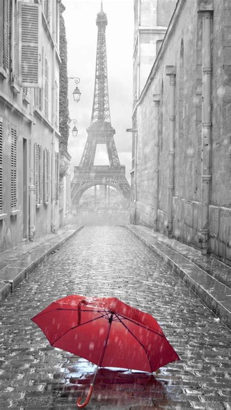 Red Umbrella Paris Street Rainy Day Eiffel Tower Iphone 5s Wallpaper