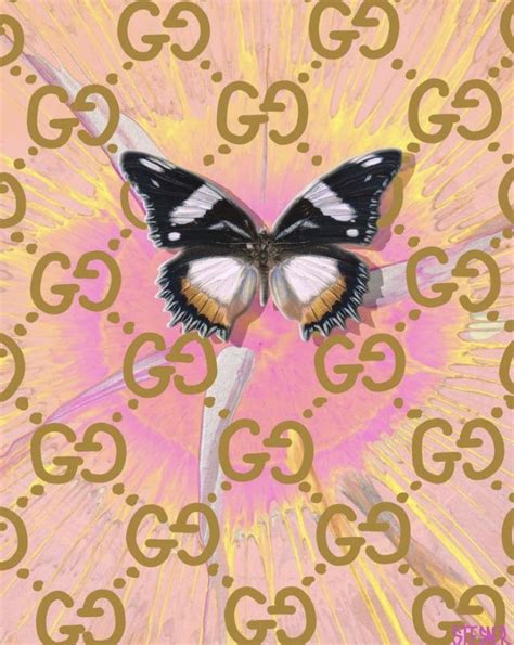 A Butterfly Sitting On Top Of A Pink And Yellow Background With Gucci