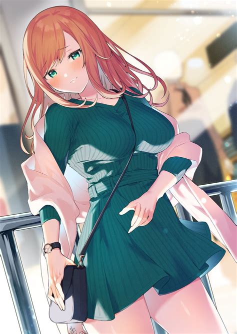 safebooru 1girl bag bangs blush closed mouth commentary request dress dutch angle green dress
